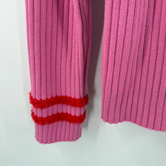 English Factory Sweater Women's Size Large Rib Ruffle Edge Pink Red Fuzzy Cuffs - Picture 7 of 10